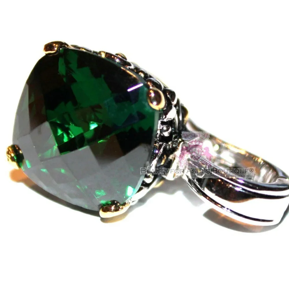 Multi Faceted Throne Room Emerald Green Checker Cushion Cut Two Tone CZ Pendant